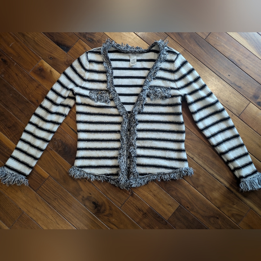 Cache Striped Black and White Fringed Women's Sweater